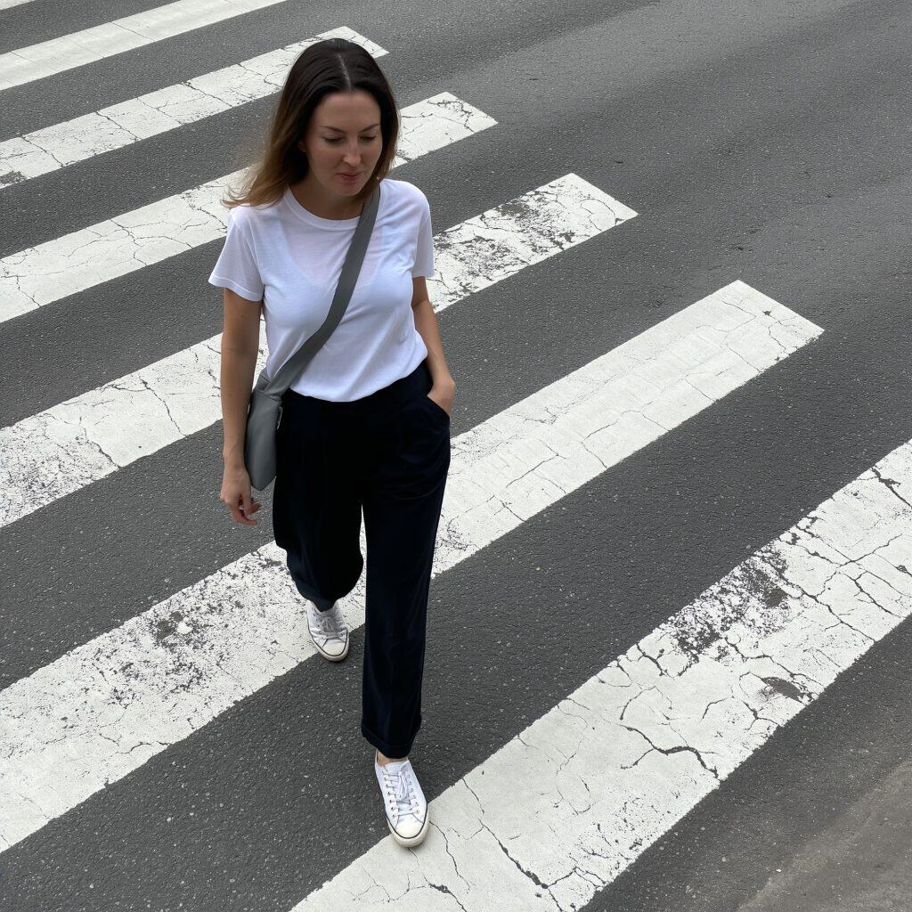 Diane crossing the street
